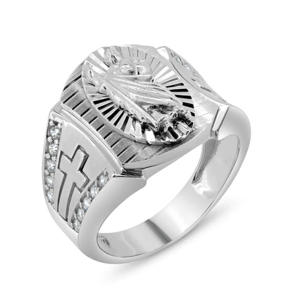925 Sterling Silver Rhodium Plated St Jude Diamond Cut Clear CZ Ring