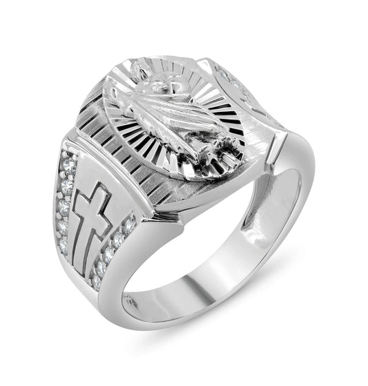 925 Sterling Silver Rhodium Plated St Jude Diamond Cut Clear CZ Ring