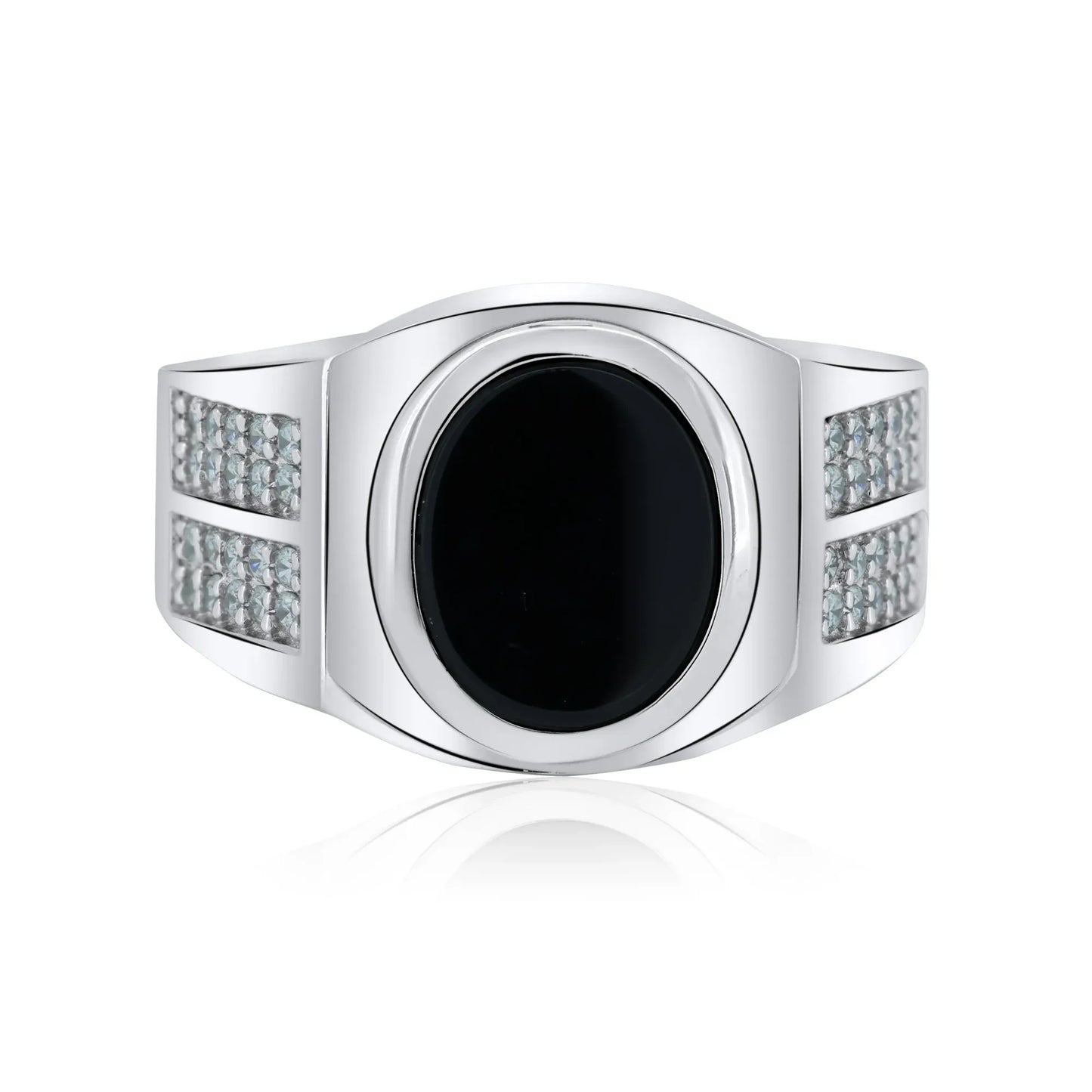 925 Sterling Silver Men's Sterling Rhodium Oval Black Onyx CZ Shank Ring