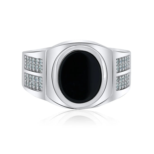 925 Sterling Silver Men's Sterling Rhodium Oval Black Onyx CZ Shank Ring