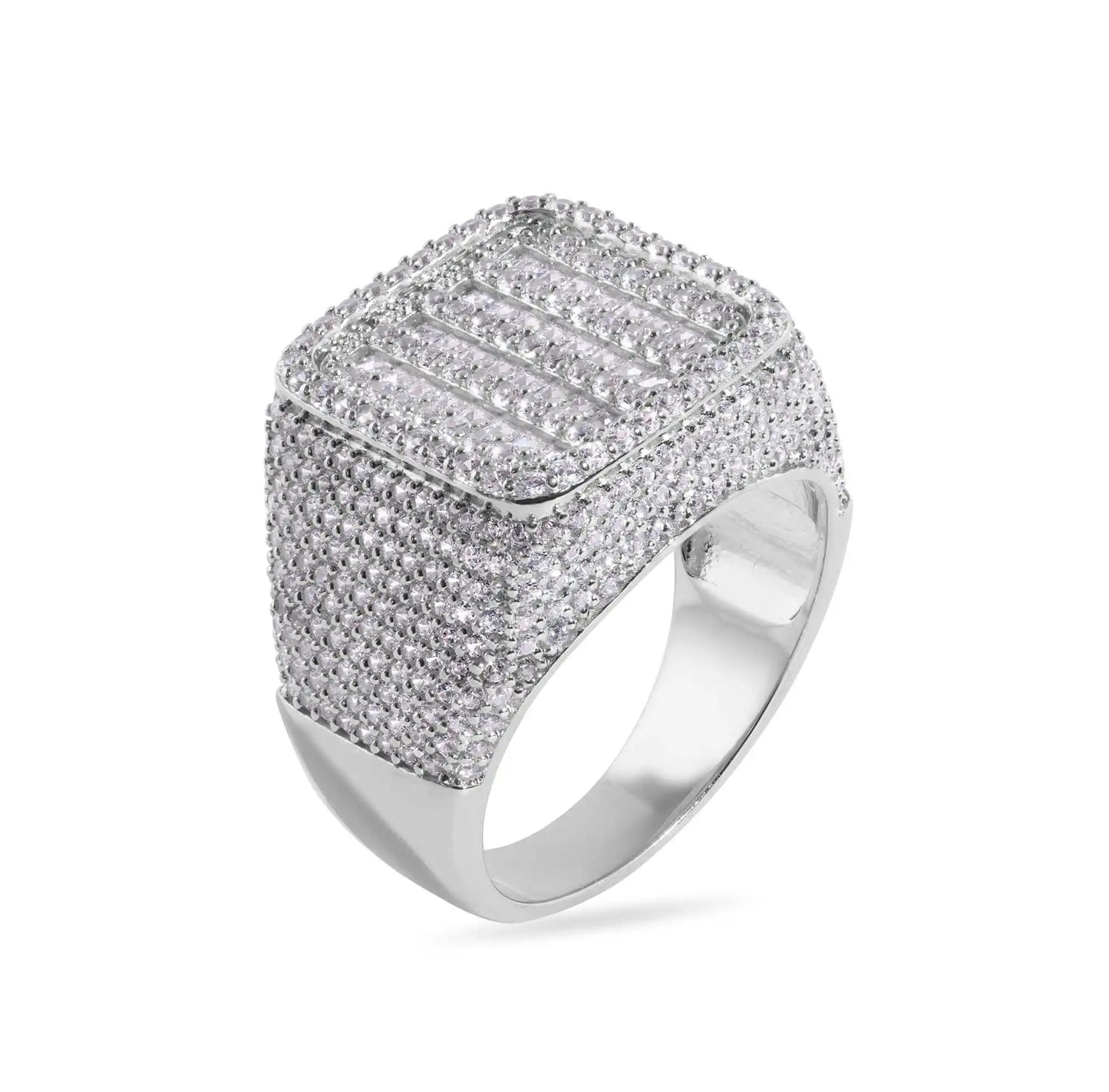 925 Sterling Silver Rhodium Plated Statement Baguette Clear CZ Studded Square Top 17.5mm Ring