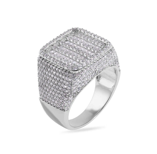 925 Sterling Silver Rhodium Plated Statement Baguette Clear CZ Studded Square Top 17.5mm Ring