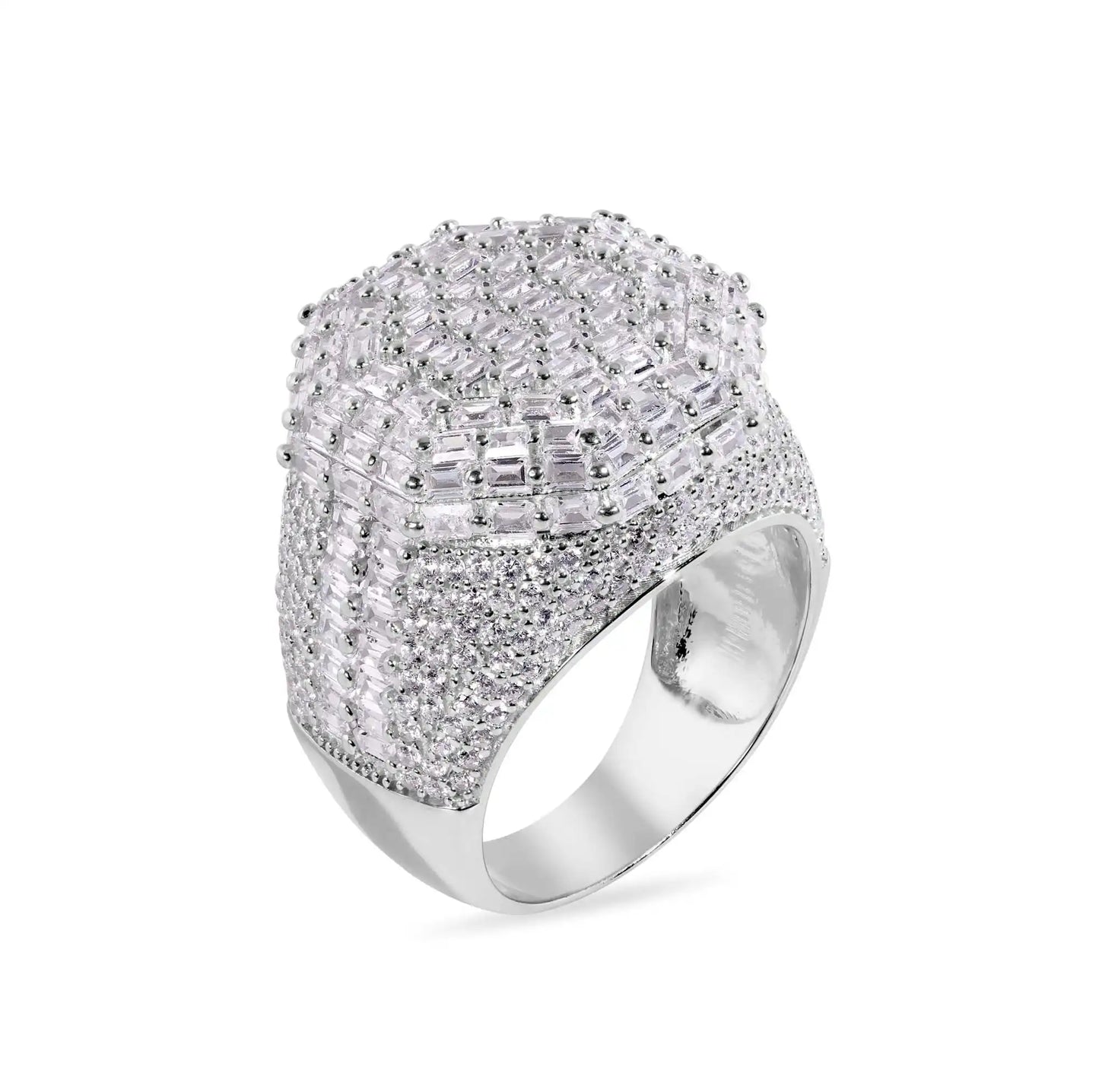 925 Sterling Silver Rhodium Plated Statement Baguette Clear CZ Studded Octagon Top 20.4mm Ring