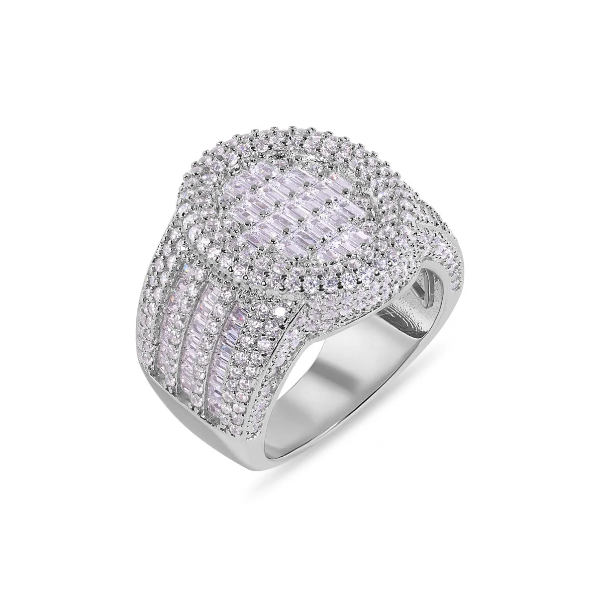 925 Sterling Silver Rhodium Plated Statement Baguette Clear CZ Oval Top 20.6mm Ring