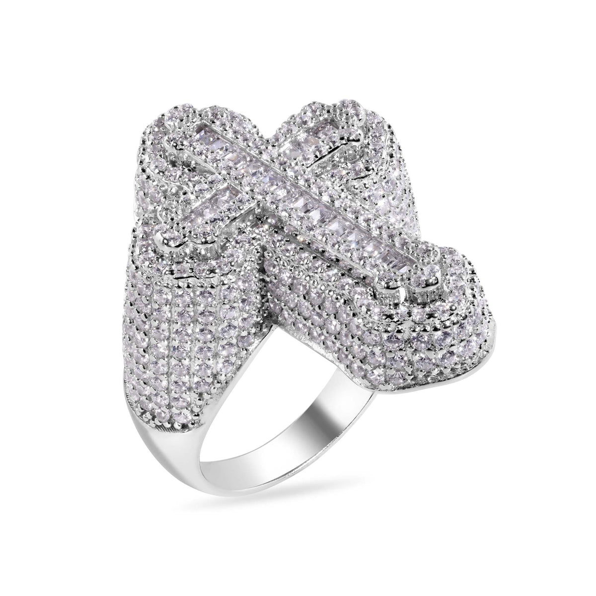 925 Sterling Silver Rhodium Plated Cross Baguette Clear CZ Studded Top 31.5mm Ring