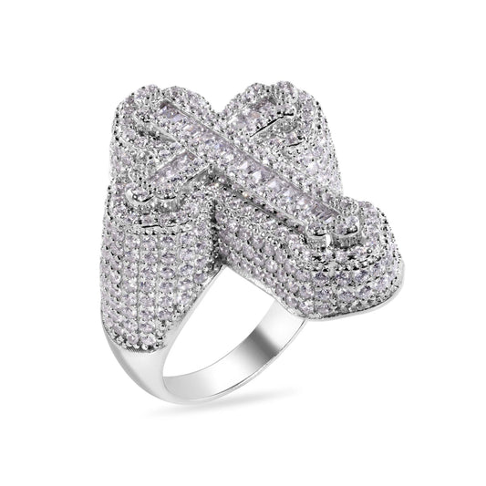 925 Sterling Silver Rhodium Plated Cross Baguette Clear CZ Studded Top 31.5mm Ring
