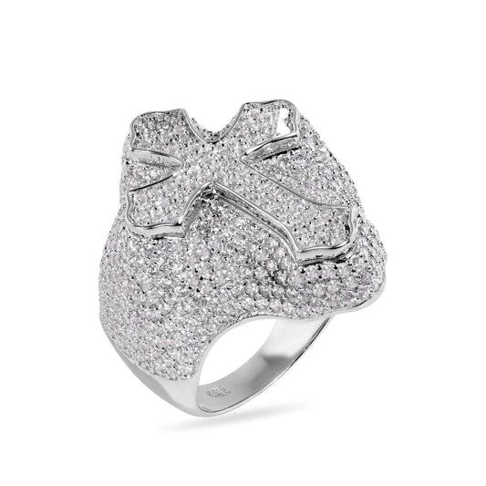 925 Sterling Silver Rhodium Plated Cross Clear CZ Studded Top 30mm Ring