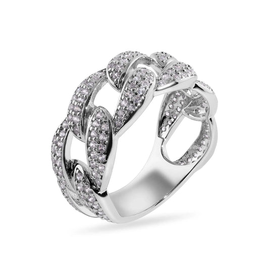 925 Sterling Silver Rhodium Plated Curb Clear CZ 11.2mm Ring