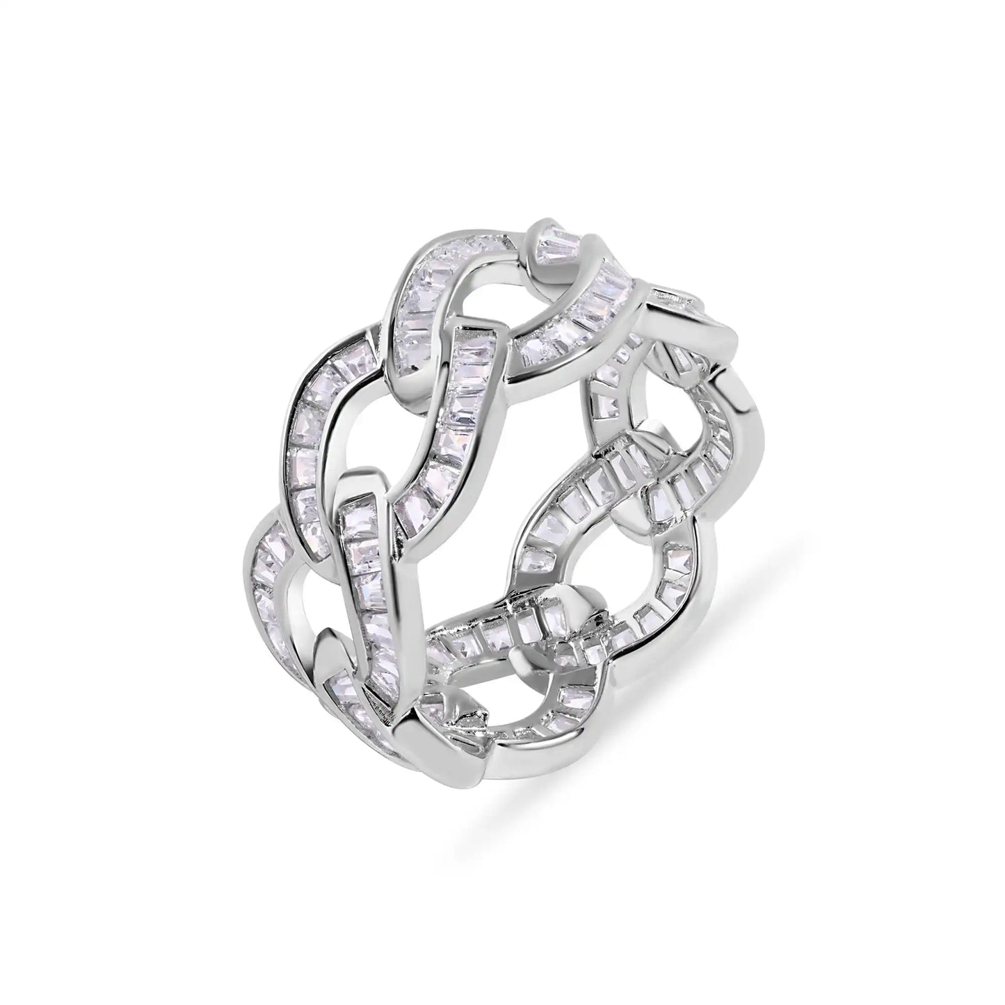 925 Sterling Silver Rhodium Plated Curb Baguette Clear CZ 10.3mm Ring