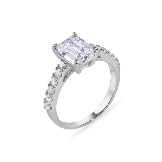 925 Sterling Silver Rhodium Plated Baguette Center CZ Stone Ring