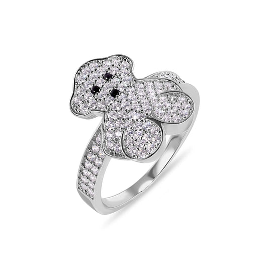 925 Sterling Silver Rhodium Plated Teddy Bear Clear CZ Studded 15.5mm Ring