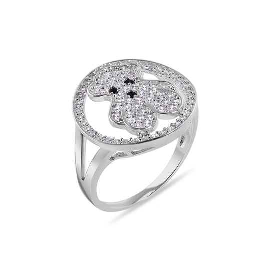 925 Sterling Silver Rhodium Plated Teddy Bear Round Top Clear CZ Studded 16.9mm Ring