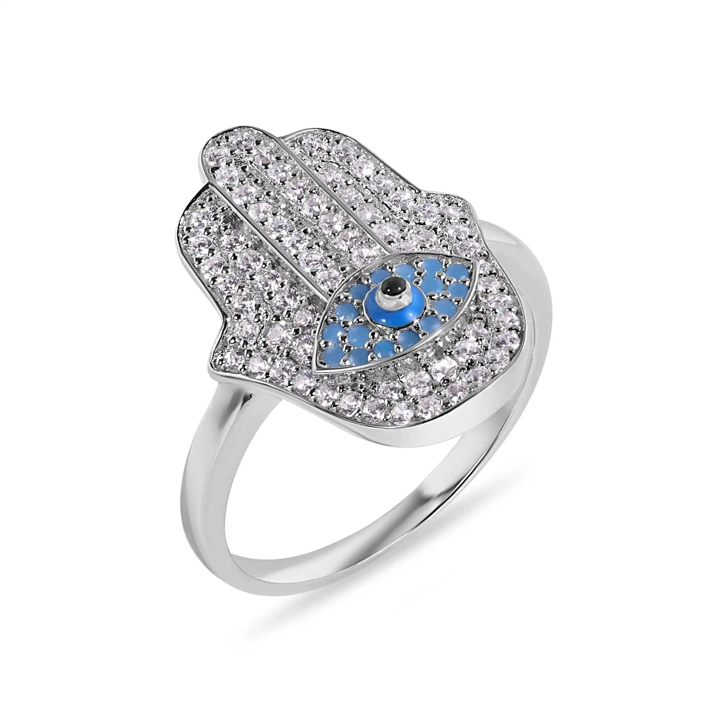 925 Sterling Silver Rhodium Plated Hamsa Evil Eye Clear Turquoise CZ Studded 18.6mm Ring