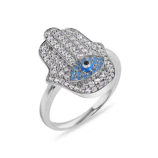 925 Sterling Silver Rhodium Plated Hamsa Evil Eye Clear Turquoise CZ Studded 18.6mm Ring