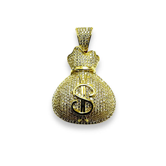 925 Sterling Silver Gold Plated CZ Money Bag Hip Hop Pendant