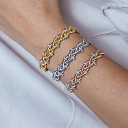 925 Silver Gold Plated Braided Italian Bracelet with Small CZ Bar Accents