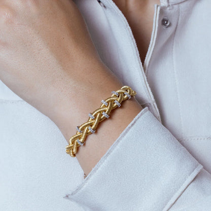 925 Silver Gold Plated Braided Italian Bracelet with Small CZ Bar Accents