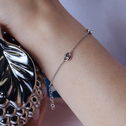 925 Sterling Silver Rhodium Plated Puffed Mariner Charm Adjustable Bracelet