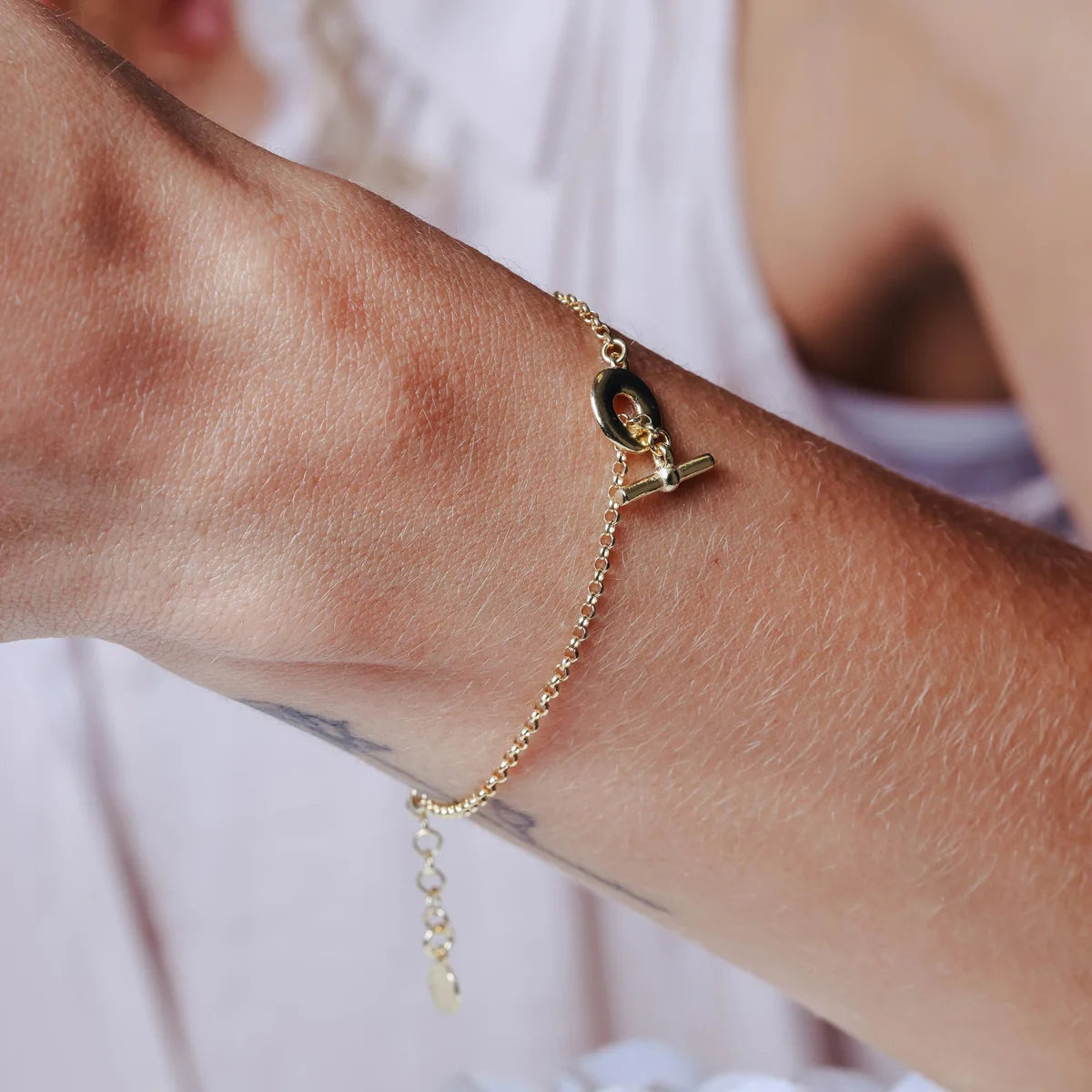 925 Sterling Silver Gold Plated Rolo Donut Bar Adjustable Bracelet