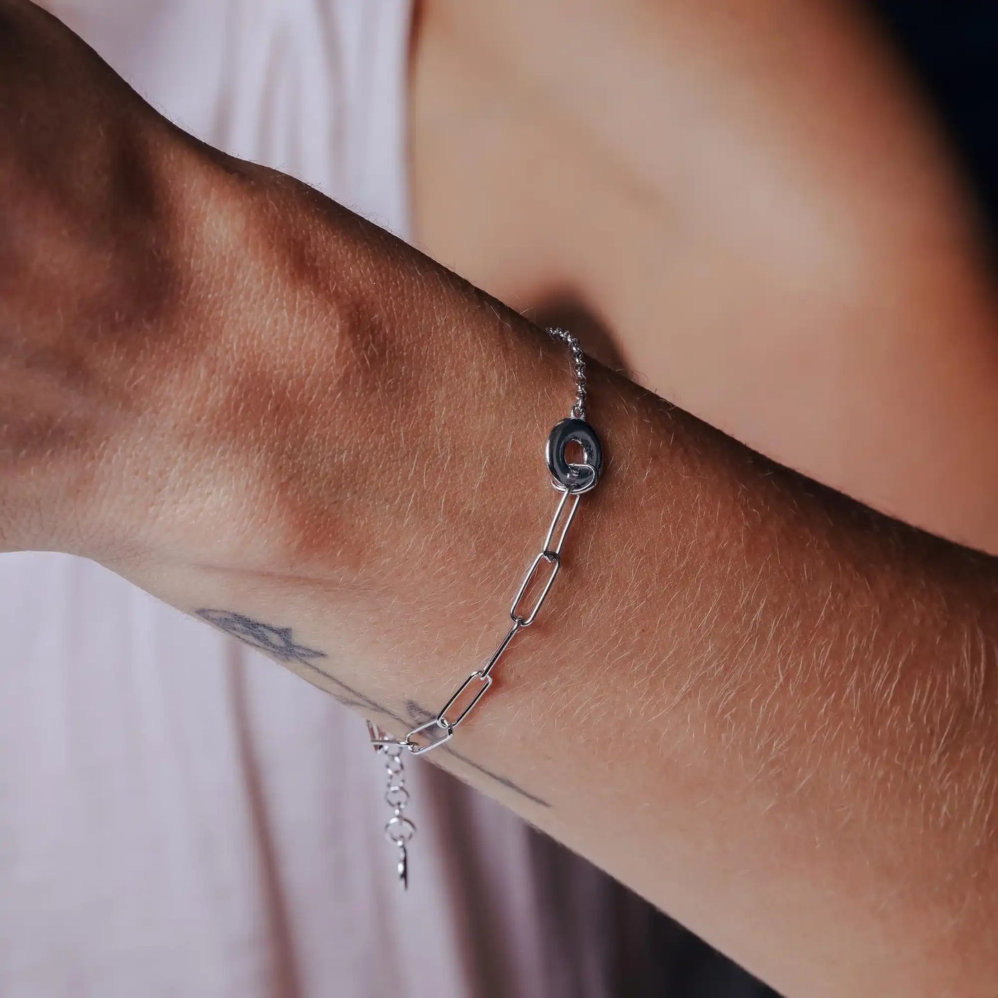 925 Sterling Silver Rhodium Plated Rolo Paperclip Donut Adjustable Bracelet