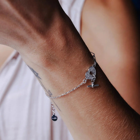 925 Sterling Silver Rhodium Plated Paperclip Clear CZ Heart Lock Bar Adjustable Bracelet