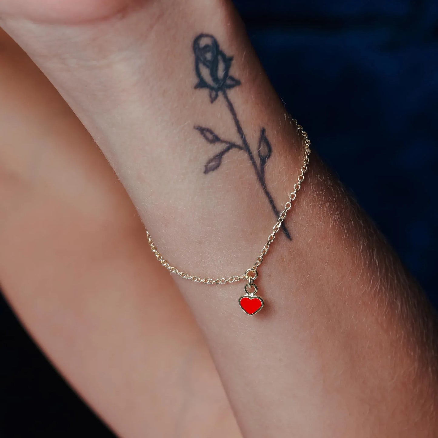 925 Sterling Silver Gold Plated Rolo Link Red Enamel Heart Adjustable Bracelet