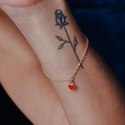 925 Sterling Silver Gold Plated Rolo Link Red Enamel Heart Adjustable Bracelet