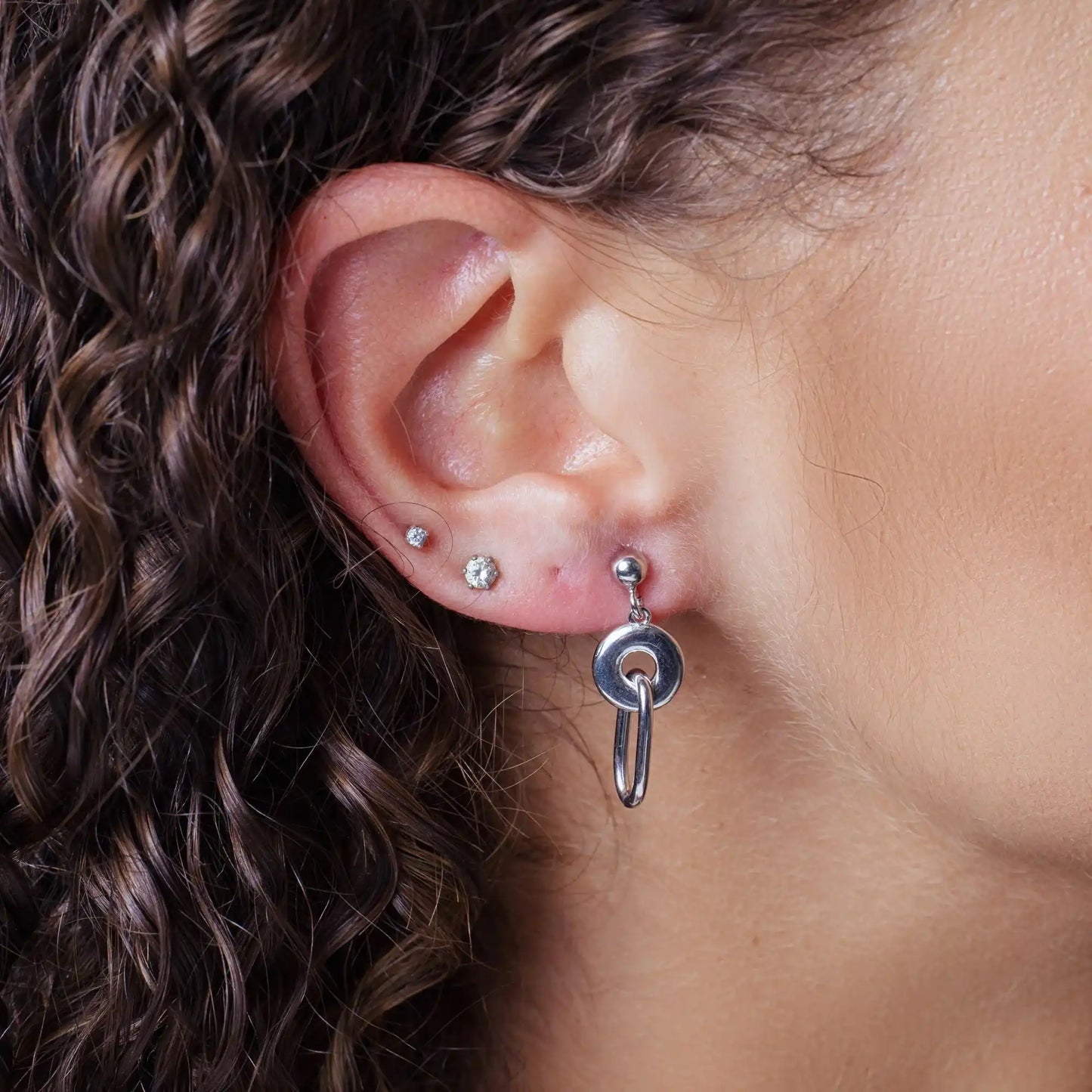 925 Sterling Silver Rhodium Plated Dangling Donut Paperclip Stud Earrings