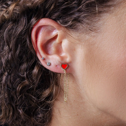 925 Sterling Silver Gold Plated Dangling Heart Red Enamel Stud Earrings