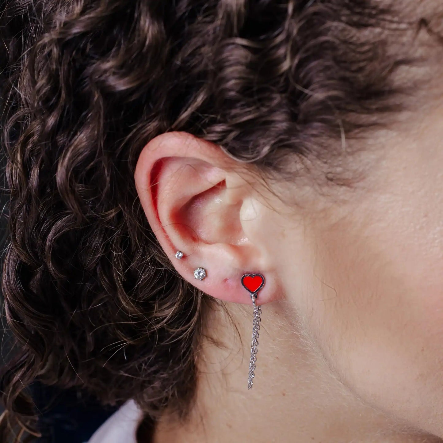 925 Sterling Silver Rhodium Plated Dangling Heart Red Enamel Stud Earrings