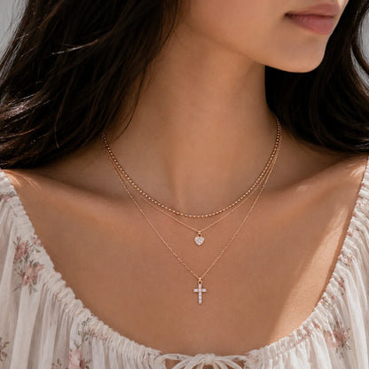 925 Sterling Silver Plated Triple Beaded Chain CZ Heart, Cross Necklace
