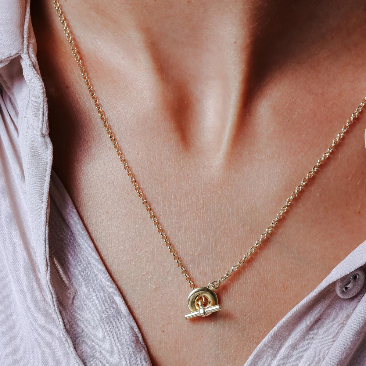 925 Sterling Silver Gold Plated Rolo Adjustable Donut and Bar Necklace