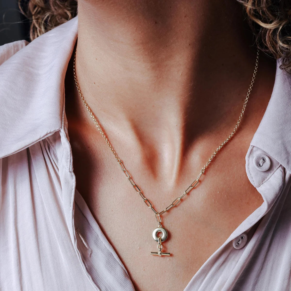 925 Sterling Silver Gold Plated Paperclip Rolo Adjustable Donut and Bar Necklace