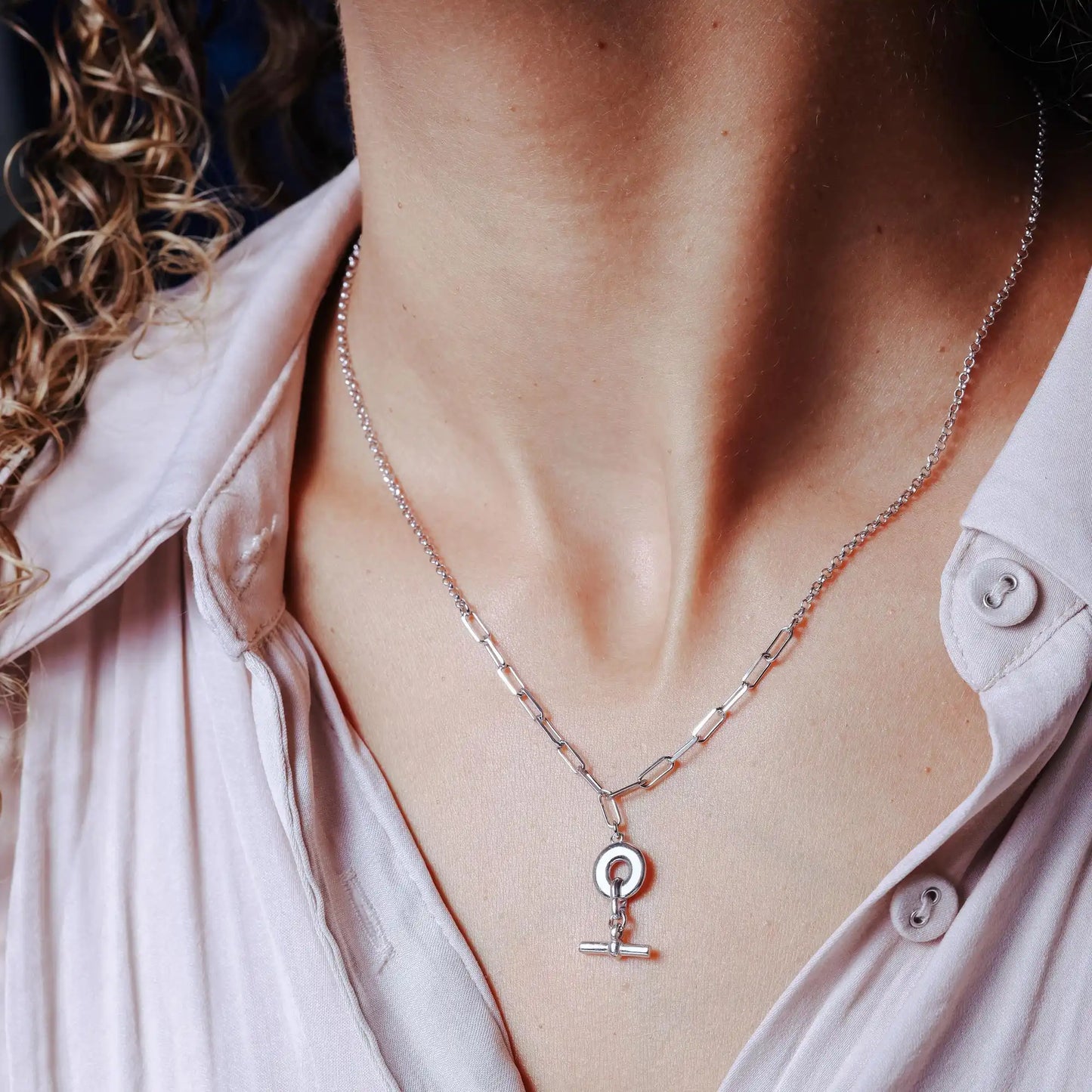 925 Sterling Silver Rhodium Plated Paperclip Rolo Adjustable Donut and Bar Necklace