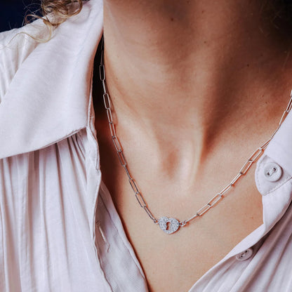 925 Sterling Silver Rhodium Plated Paperclip Adjustable Clear CZ Heart Lock Necklace