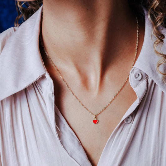 925 Sterling Silver Gold Plated Rolo Adjustable Enamel Red Heart Necklace