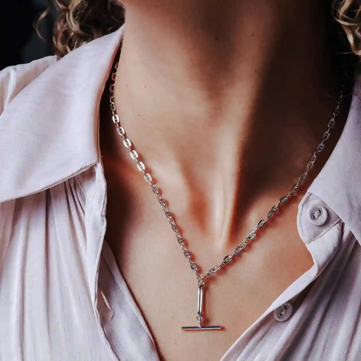 925 Sterling Silver Rhodium Plated Flat Marina Paperclip Bar Pendant 3.2mm Necklace