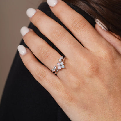925 Sterling Silver Rhodium Plated Synthetic Opal Clover And Open Bypass Clear CZ Ring Set