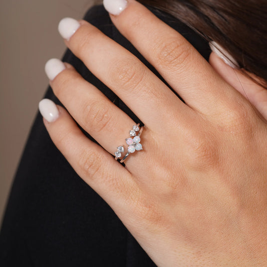 925 Sterling Silver Rhodium Plated Synthetic Opal Clover And Open Bypass Clear CZ Ring Set