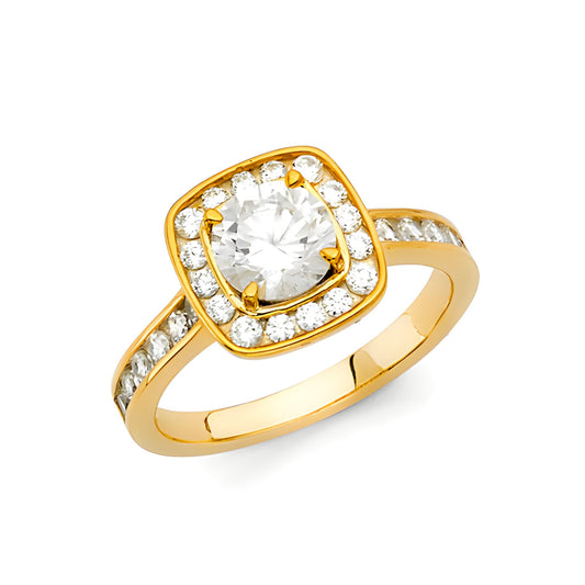 1.25 ct Square Halo Round-Cut with Channel Side CZ Wedding Ring in 14K Yellow Gold