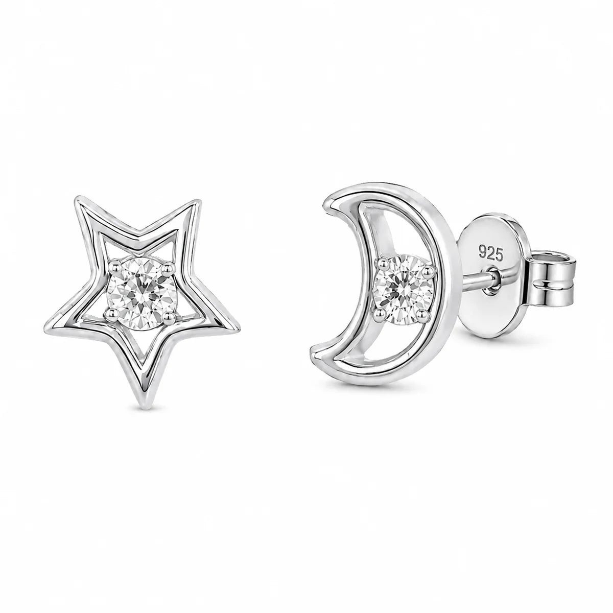 Lab Grown Diamonds Rhodium Plated 925 Sterling Silver Star and Moon Stud Earring