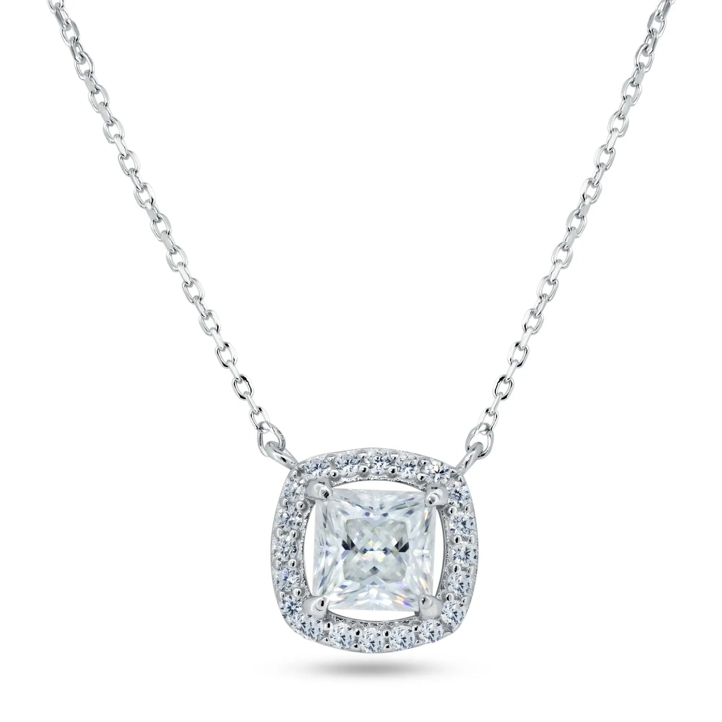 925 Sterling Silver Rhodium Square Halo Moissanite Necklace
