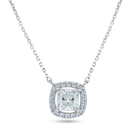 925 Sterling Silver Rhodium Square Halo Moissanite Necklace