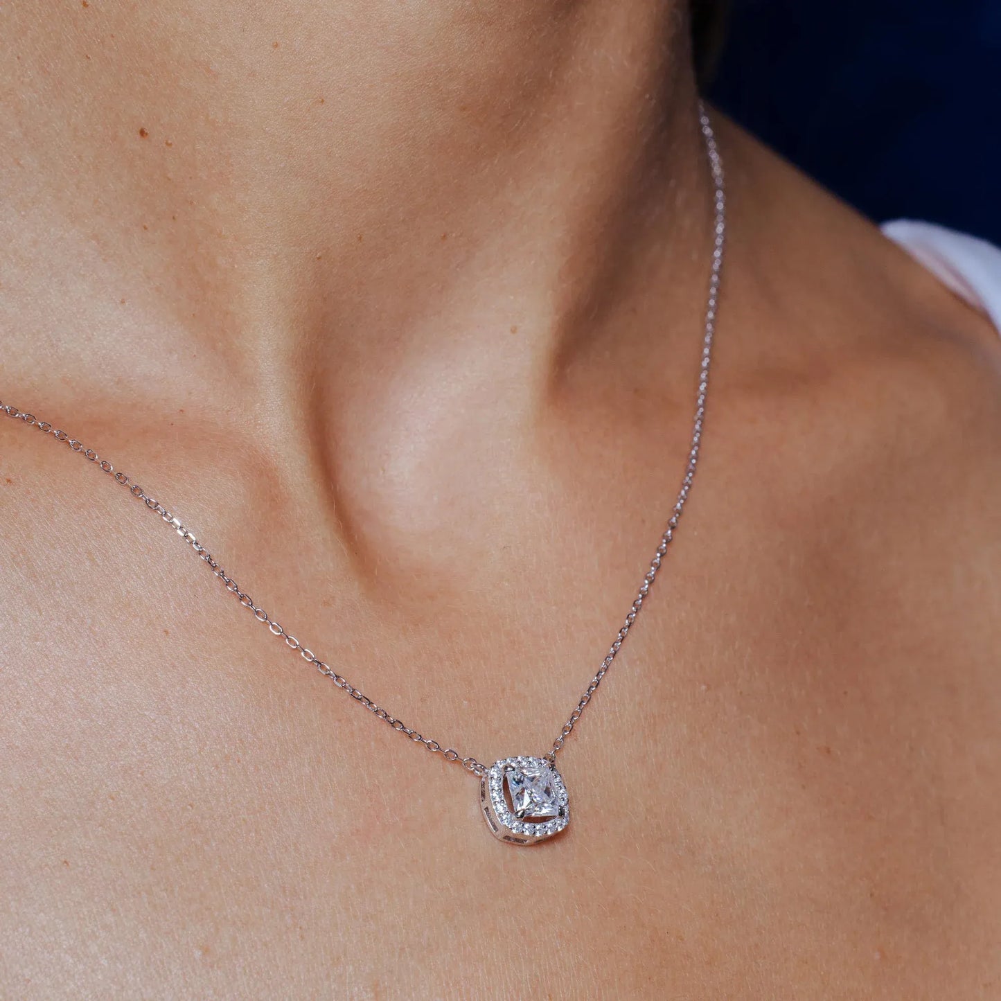 925 Sterling Silver Rhodium Square Halo Moissanite Necklace
