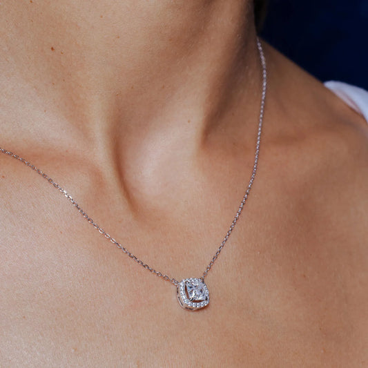 925 Sterling Silver Rhodium Square Halo Moissanite Necklace