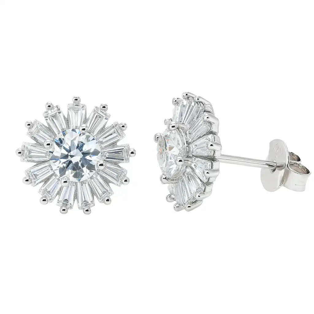 925 Sterling Silver Rhodium Plated Moissanite Radiant Burst 11.5mm Stud Earring