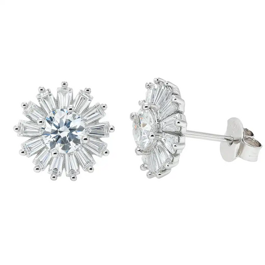925 Sterling Silver Rhodium Plated Moissanite Radiant Burst 11.5mm Stud Earring