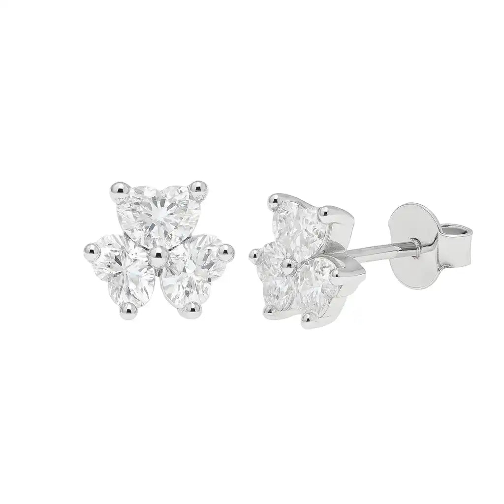 925 Sterling Silver Rhodium Plated Moissanite Three Stone Flower 6.5mm Stud Earring