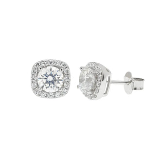 925 Sterling Silver Rhodium Plated Moissanite Cushion Halo 7.6mm Stud Earring