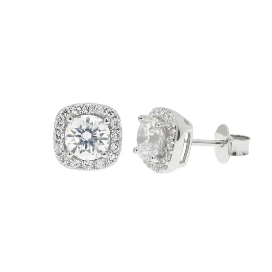925 Sterling Silver Rhodium Plated Moissanite Cushion Halo 9.5mm Stud Earring